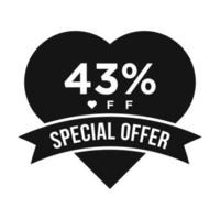 43% de desconto no banner de promoção de desconto de venda. oferta especial, evento, venda de dia dos namorados, modelo de vetor de etiqueta de desconto de férias