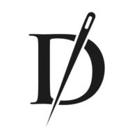 logotipo de alfaiate letra inicial d, combinação de agulha e linha para bordar, têxtil, moda, pano, tecido, modelo de cor dourada vetor