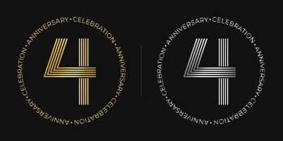 banner de comemoração de aniversário de 4 anos nas cores douradas e prateadas. logotipo circular com design de número original em linhas elegantes. vetor