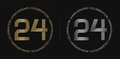 24º aniversário. banner de celebração de aniversário de vinte e quatro anos em cores douradas e prateadas. logotipo circular com design de números originais em linhas elegantes. vetor