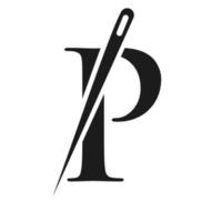 letra inicial p logotipo alfaiate, combinação de agulha e linha para bordar, têxtil, moda, pano, tecido, modelo de cor dourada vetor