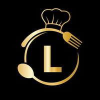logotipo do restaurante na letra l com chapéu de chef, símbolo de colher e garfo para sinal de cozinha, ícone de café, restaurante, vetor de negócios de culinária