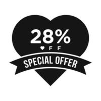 28% de desconto no banner de promoção de desconto de venda. oferta especial, evento, venda de dia dos namorados, modelo de vetor de etiqueta de desconto de férias