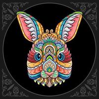 artes coloridas da mandala da cabeça do coelho isoladas no fundo preto vetor