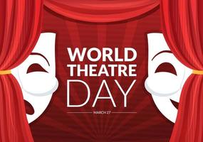 dia mundial do teatro em 27 de março ilustração com máscaras e para celebrar o teatro para banner da web ou página inicial em modelos desenhados à mão de desenhos animados planos vetor