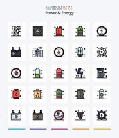 poder criativo e pacote de ícones preenchidos com 25 linhas de energia, como essencial. bateria. potência. potência. galão vetor