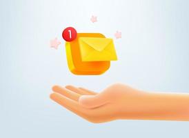 novo conceito de carta de e-mail. mão com botão de envelope. ícone de aplicativo móvel vetor 3D com notificação