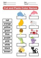 aprendendo sobre a planilha de cores. folha educacional para pré-escola. recortar e colar nomes de cores. ilustração vetorial. vetor