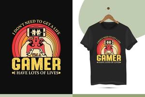 modelo de design de camiseta estilo retrô vintage gamer. ilustração vetorial de jogo editável e personalizável para uma camisa, caneca, cartão de felicitações e pôster. vetor