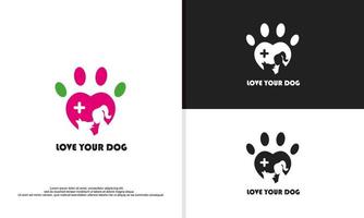 gráfico de vetor de ilustração de logotipo de pata combinado com forma de amor, silhueta de cachorro e mulher. adequado para cuidados com animais de estimação, treinador de animais, abrigo de animais, etc.