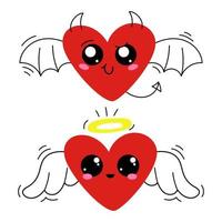 conjunto de ícones de personagem fofo de anjo e demônio coração isolado no fundo branco. vetor