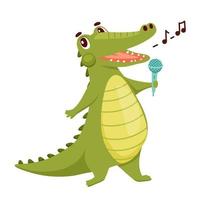 crocodilo bonito é cantor. jacaré engraçado com microfone isolado no branco. ilustração vetorial dos desenhos animados personagem animal cantando música vetor