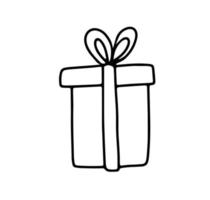 Doodle caixa de presente com arco. ilustração de linha desenhada à mão isolada no branco. surpresa para o natal ou aniversário vetor