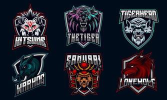 conjunto de design de logotipo de mascote de e-sport de cabeça de animal águia, rato, lobo, ninja, tigre, urso, gorila, samurai, ninja, símbolo, coleção de ícones ilustração vetorial equipe de jogos vetor