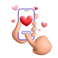 renderização de desenho animado vetor 3d mãos humanas seguram smartphone e enviam emoji de forma de coração de amor para design de modelo de dia dos namorados