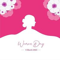 8 de março dia internacional da mulher, com belos elementos florais e de silhueta feminina, nas cores rosa e branco vetor