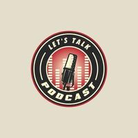 microfone emblema logotipo ilustração vetorial vintage modelo ícone design gráfico. sinal de estação de podcast ou símbolo para conceito de transmissão ou rádio com estilo de tipografia de distintivo de círculo retrô vetor