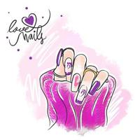 design de unhas roxo e rosa na moda, unhas compridas, unhas de amor, manicure vetor