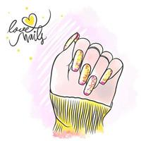 design romântico de unhas rosa dourado, unhas compridas, unhas de amor, manicure vetor