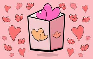 ilustração de forma de coração desenhada à mão no balde, ilustração plana de caixa de corações, corações vindo de um vetor de caixa aberta, corações vindo de um vetor de caixa aberta