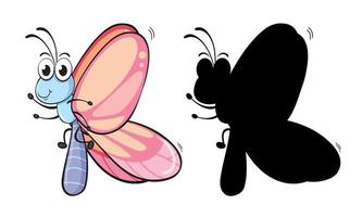 conjunto de personagem de desenho animado de inseto e sua silhueta em fundo branco vetor