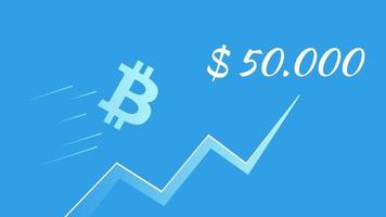 bitcoin btc voa para 50000 dólares em fundo azul. seta de tendência ascendente. ilustração vetorial para notícias. vetor