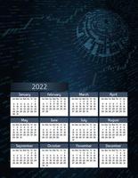 calendário anual futurista vertical 2022, a semana começa no domingo. calendário de parede grande anual ilustração moderna digital colorida em azul. tamanho de papel carta a4 us. vetor