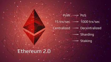 reinicialização do ethereum 2.0 - símbolo de moeda de criptomoeda em fundo vermelho poligonal abstrato. nova direção após hard fork. consenso pos proof-of-stake, sharding, staking. vetor eps10.