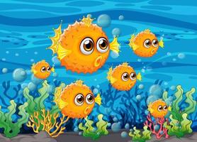 muitos peixes exóticos personagem de desenho animado no fundo subaquático vetor