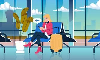 mulheres segurando o telefone esperando para embarcar e sentadas no saguão do terminal do aeroporto ao meio-dia. ilustração vetorial de viagem de férias vetor