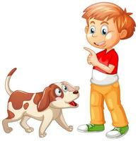 menino brincando com um cachorro isolado no fundo branco vetor