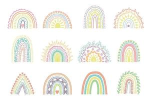 conjunto de arco-íris pastel desenhado à mão. elementos decorativos para impressão de cartões, crianças e roupas de bebê vetor