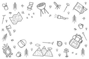 conjunto de ícones de doodle de acampamento. ilustração em vetor de elementos de caminhada. isolado no esboço branco, conceito de logotipo para caminhadas.