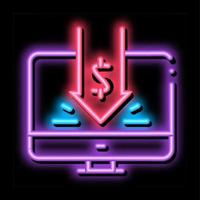 caiu o investimento em dinheiro na ilustração do ícone de brilho neon do computador vetor