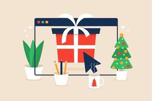 design de compras online de natal com presente na janela do navegador vetor