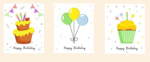 cartão com cupcake, balões e bolo vetor