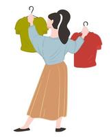 mulher de compras escolhendo roupas no cabide na loja vetor