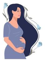 mulher grávida segurando a barriga com bebê, flora vetor