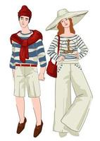 casal moderno vestindo roupas em estilo náutico vetor