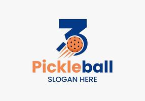 conceito de logotipo de pickleball de letra 3 com símbolo de pickleball em movimento. modelo de vetor de logotipo de bola de picles