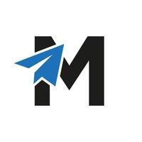 conceito de logotipo de viagem letra m com modelo de vetor de ícone de avião de papel