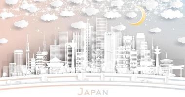 Horizonte da cidade do Japão em estilo de corte de papel com edifícios brancos, lua e guirlanda de néon. vetor