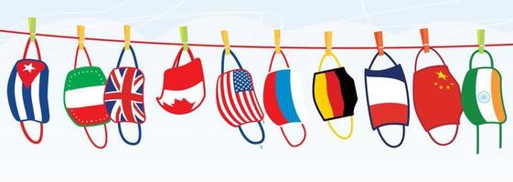 máscaras protetoras lavadas penduradas em uma linha. secagem de máscaras reutilizáveis lavadas com bandeiras de diferentes países. vetor