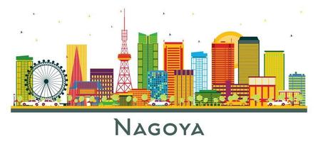 horizonte da cidade de nagoya japão com edifícios coloridos isolados em branco. vetor