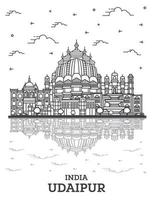 delineie o horizonte da cidade de udaipur índia com edifícios históricos e reflexões isoladas em branco. vetor