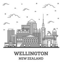 delineie o horizonte da cidade de wellington, nova zelândia, com edifícios modernos e históricos isolados em branco. vetor