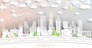 horizonte da cidade de utrecht holanda em estilo de corte de papel com flocos de neve, lua e guirlanda de néon. vetor