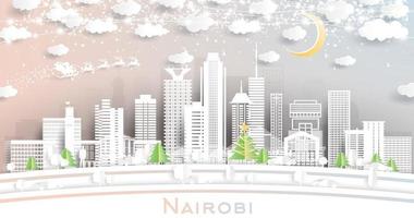horizonte da cidade de nairóbi no quênia em estilo de corte de papel com flocos de neve, lua e guirlanda de néon. vetor