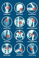conjunto de dor no corpo. dor nas costas, articulação do quadril, joelho, cotovelo, mão, pé, ombro, pescoço, tórax e punho. vetor