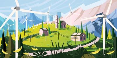 paisagem com estrada nos Alpes. conceito de energia renovável verde com turbinas eólicas na aldeia e painéis solares nos telhados.